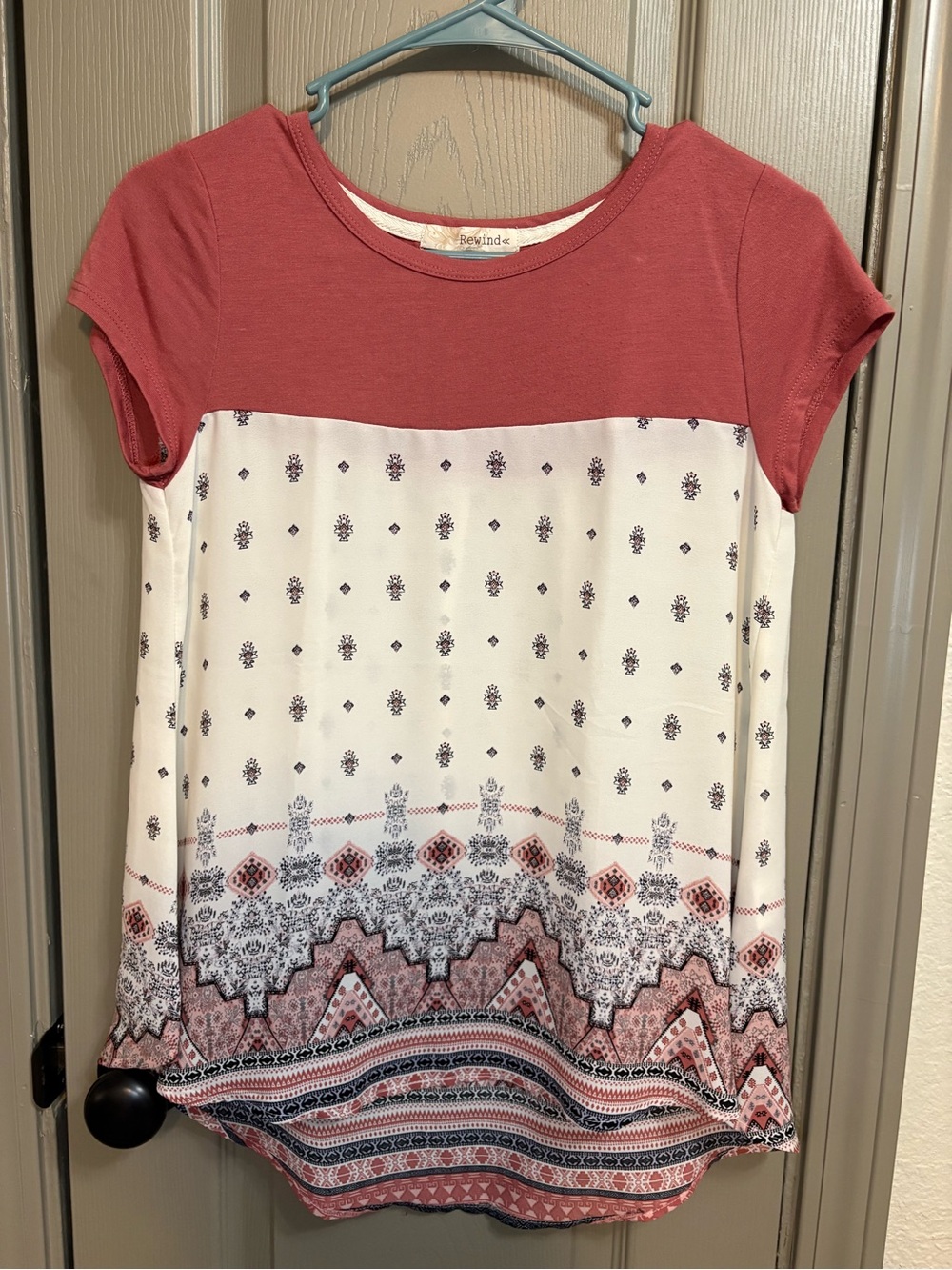 Rewind Coral Top with Ivory Patterned Hem
